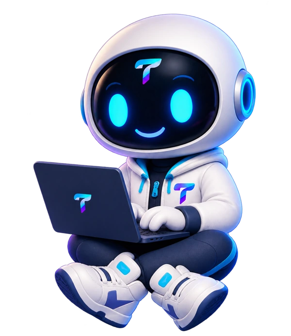 Taleya mascot working on a laptop